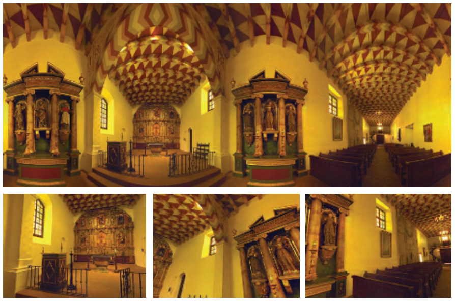 图13.2：Mission Dolores（一个位于旧金山的教堂）的全景图，底部的三张图片是根据这个全景图生成的。请注意这些视图本身是如何看起来不失真的。