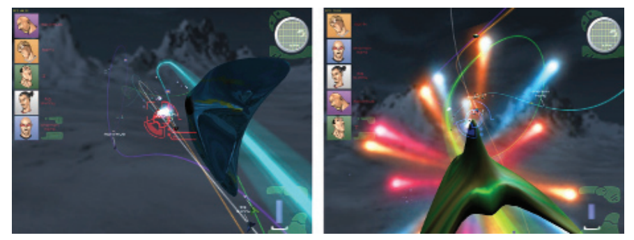图13.12：使用广告牌的例子。图中平视显示（heads-up display，HUD）图形和星形弹道（projectile）都是屏幕对齐的广告牌。右图中巨大的泪滴状爆炸是一个面向视点的广告牌。曲线光柱是由一组相连四边形组合而成的轴向广告牌。为了创建一个连续的光柱，这些四边形会在它们的角上彼此连接，因此它们不再是严格的矩形。
