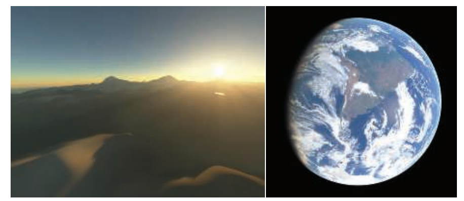 图14.23：使用查找表方法，分别从地面（左）和太空（右）来实时渲染地球大气。 \[203\]