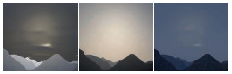 图14.32：对于完全覆盖天空的云，在渲染的时候需要考虑大气散射的影响 \[743\] 。左：没有应用在云上的大气散射，这样会导致不连贯的视觉效果。中：有大气散射，但是没有阴影，这样会使得环境显得太亮。右：云层遮挡了天空，影响了光线在大气中的散射，从而生成连贯的视觉效果。 \[743\]