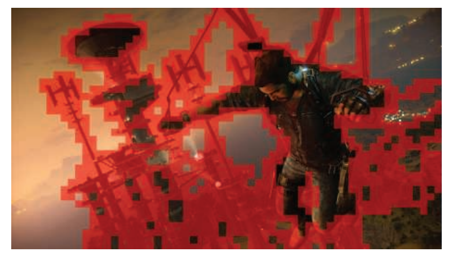 图20.8：图中红色的tile中存在较大的深度不连续性，主要集中在近景物体的边缘。 \[1387\]