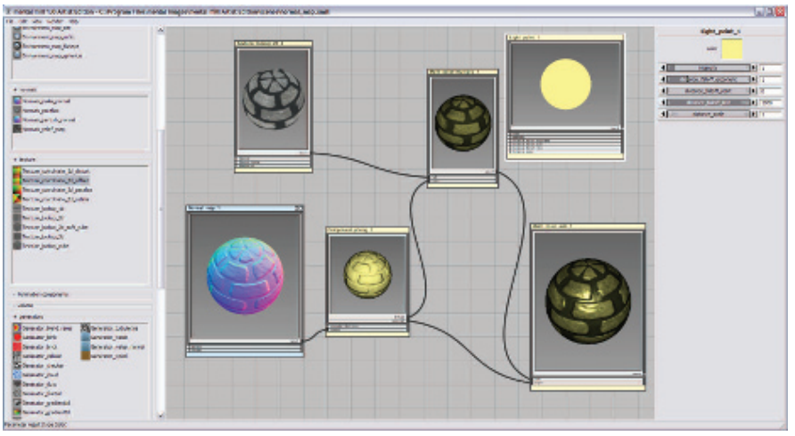 图3.6：一个用于shader编辑的可视化工具。各种功能都被封装到了不同的功能块中，如左侧的可选按钮。当你选中一个功能块的时候，你可以对它的参数进行调整，如右侧所示。每个功能块的输入输出都和其他的功能块相连接，最终能够计算出着色的结果，如中间区域的右下角所示。