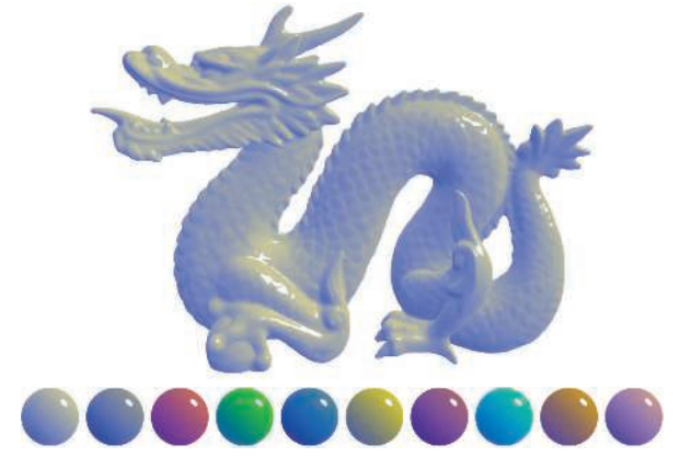 图5.2：一种风格化的着色模型，由Gooch着色模型和高光效果组成。顶部的图像展示了一个使用这个着色模型渲染的复杂对象（中国龙），它具有一个中性色调的表面颜色。下部的图像中展示了一系列具有不同表面颜色的材质球。 \[1172\]